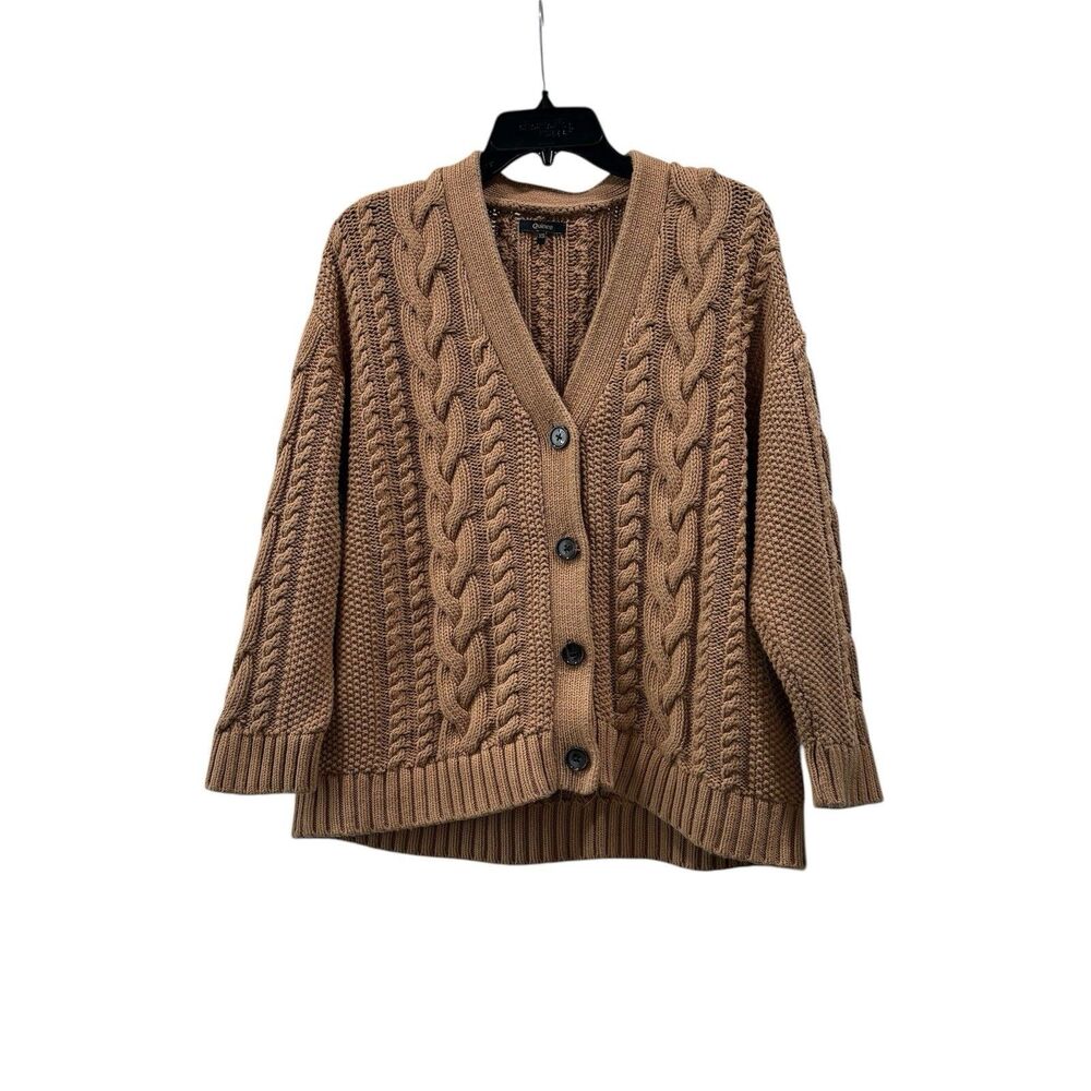 Quince Cable Knit Button-Front Cardigan in Camel